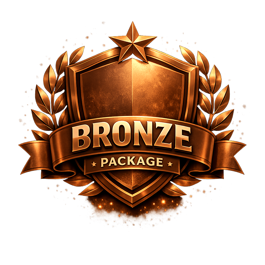 Bronze shield emblem with a star on top, laurel leaves on sides, and a ribbon stating 'BRONZE PACKAGE'.