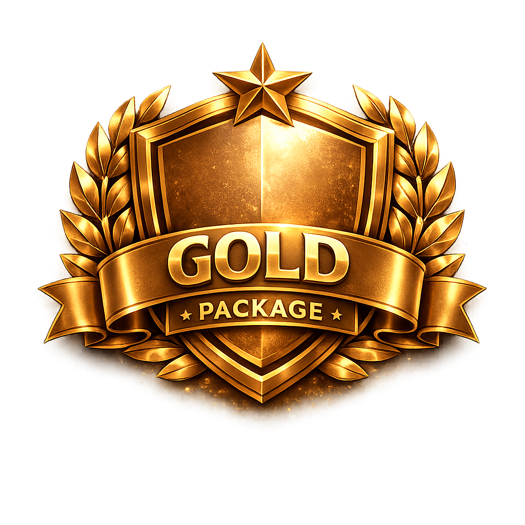 Golden shield emblem with a star on top, laurel leaves, and a banner reading 'GOLD PACKAGE'.